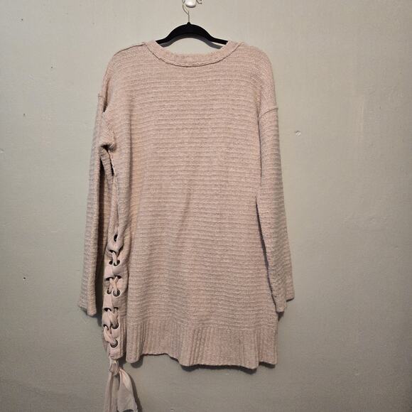 Free People Heart It Laces Long Sweater Womens MED Pink Oversized Boho Coquette - Picture 12 of 14